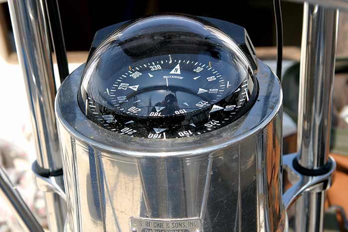 Compass mounted on a sailboat helm