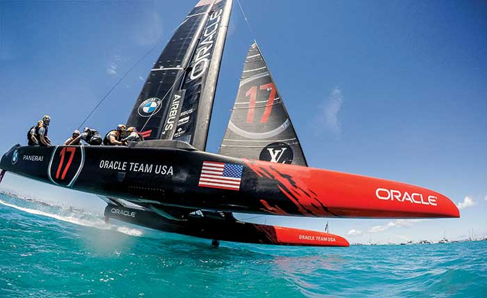 An action shot of Oracle Team USA underway