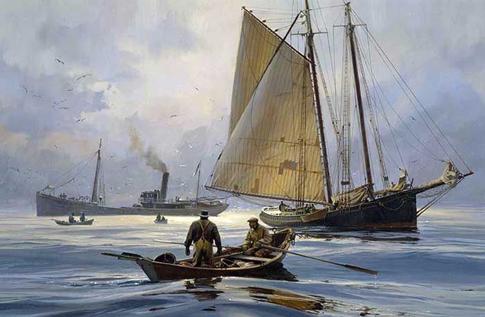 An oil painting of five boats in the water