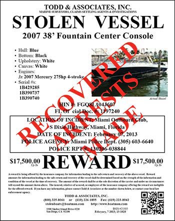 Stolen Vessel poster with the words "RECOVERED ASSESTS MADE" in red across it