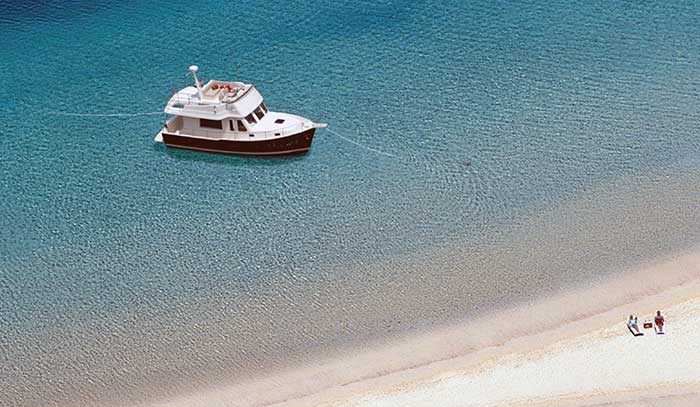 Anchored fore and aft in calm conditions