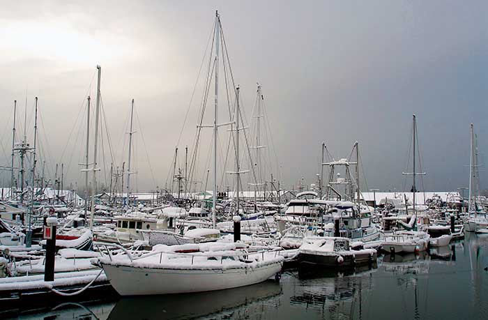 Snow-covered boats at the marina