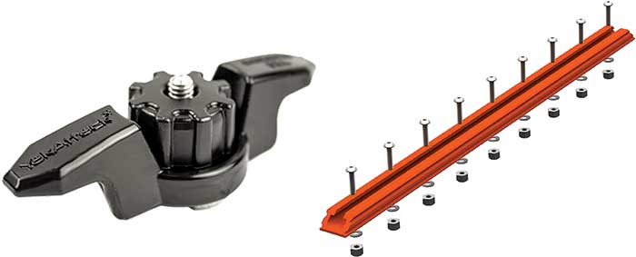 Closeup of YakAttack adaptor on the left and illustration of YakAttack univeral tracks on the right