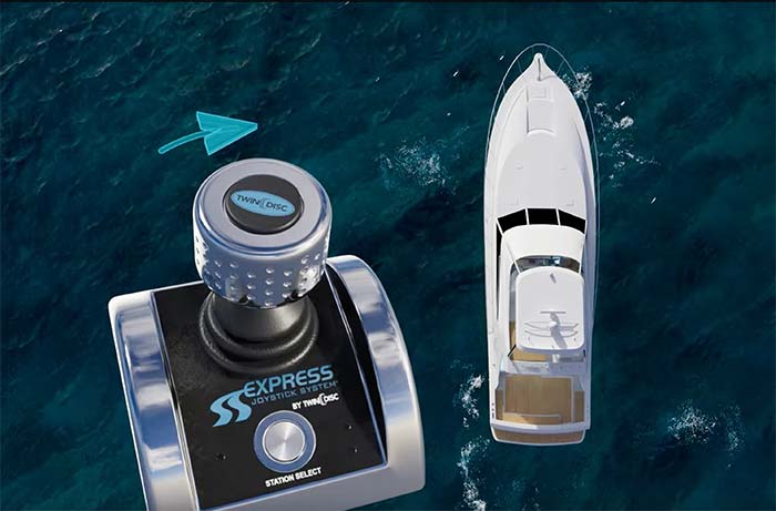 Express Joystick with arrow showing direction and a powerboat cruising on the water in the background