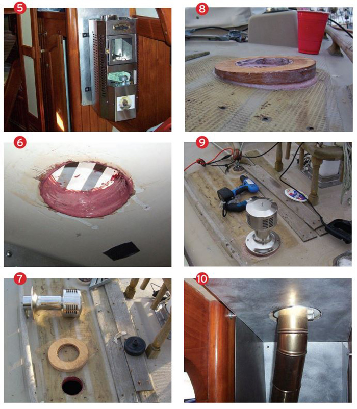 Six photos demonstrating steps 5-10 on how to extend your boating season by installing a diesel heater