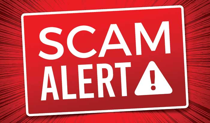 Words "Scam Alert " on a bright red background with exclamation point symbol