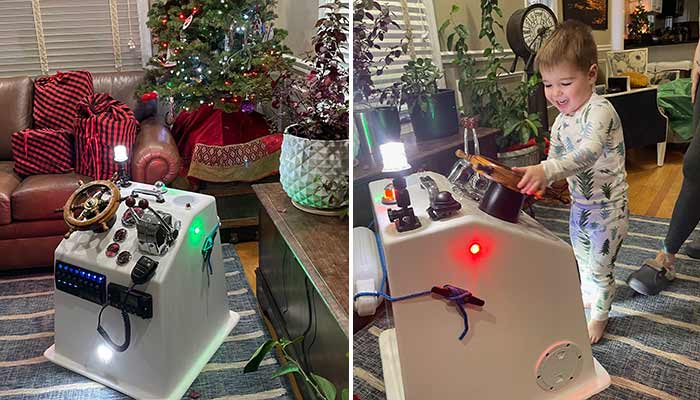 Photo on the left of old hull rigged with a fake steering wheel and lights, photo right, young boy playing with old decroated hull