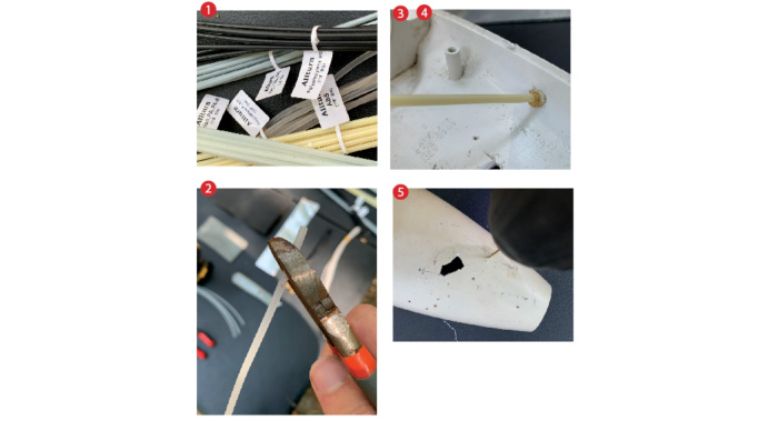 Four photos showing how to weld a plastic component on a boat.