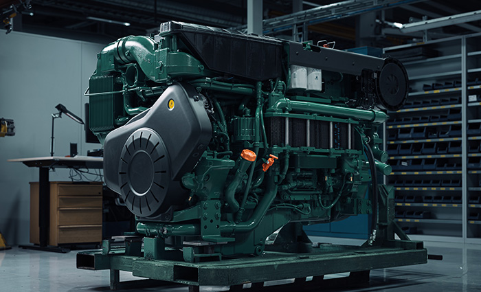 Large green and black Volvo engine in a warehouse.