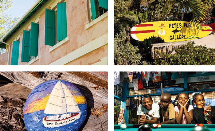 Four photos showing a green building with green shutters, a large green and red surf board, sailboat painted on a rock and kids leaning against a pool table.