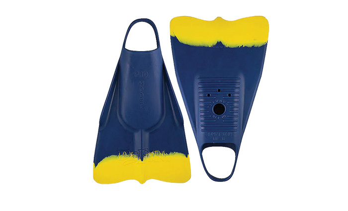 A pair of blue and yellow swimming fins