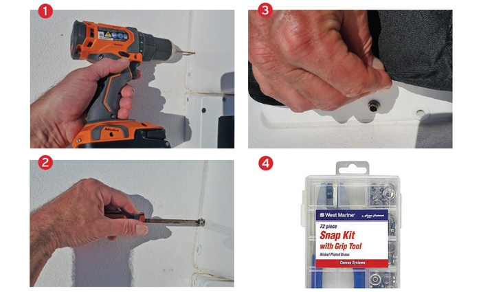Four photos displaying steps to install snaps for a boat cover.