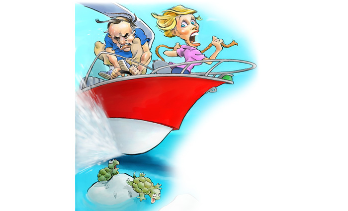 Illustration of an adult male and blonde female aboard a red and white boat hitting a large rock with two small turtles on the water.