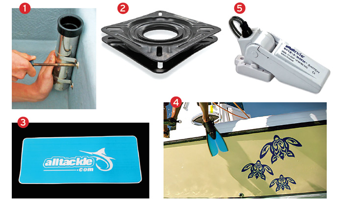 Five individual photos displaying improvements to a boat including a fish rod holder, a swivel, helm pad, decals and float switch.