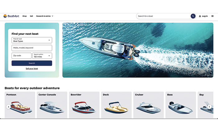Display of BoatMart online shopping featuring an ariel view of a boat and various outdoor adventure boats to purchase.