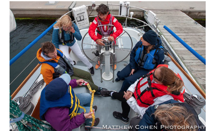 Adult female with brown hair and a red jacket instructing six other adults, three on each side, at the end of a boat next to a wooden dock.