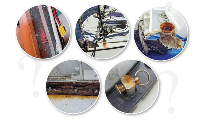 Five circular images against a white background with question marks displaying various forms of corrosion.