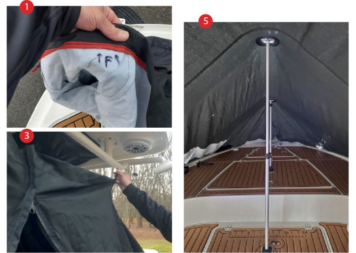 Three images - one showing initials on the inside of a boat cover, the second of a black zip up boat cover, and the last a boat cover stood up via a pole.