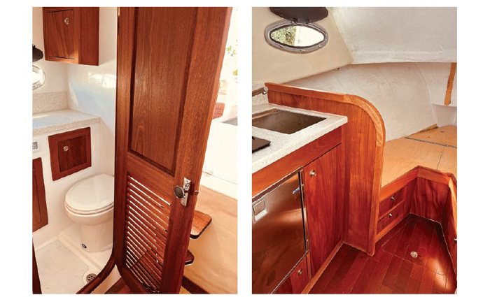 Two images showing the cabin of a boat featuring a bathroom with wooden door and dated wooden kitchen area.