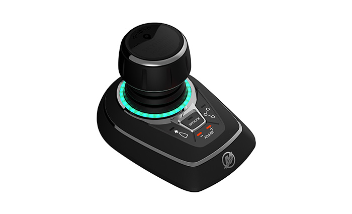 Black joystick with light blue circular trim.