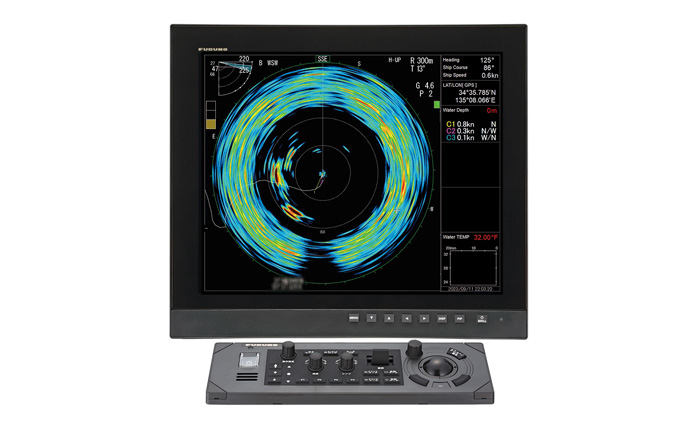 Black monitor and keyboard displaying multi-colored sonar results.
