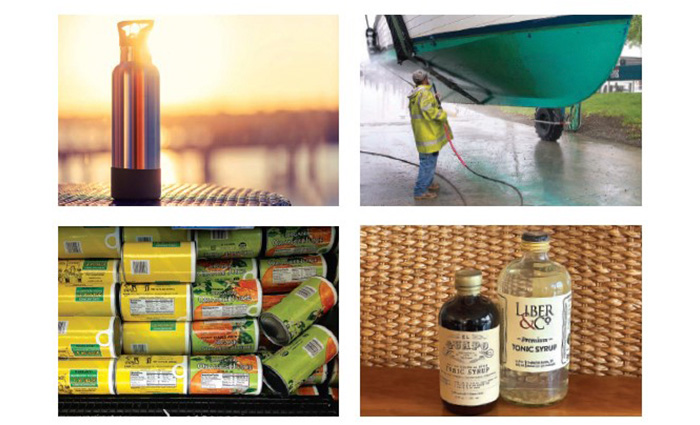 Four photos consisting of a silver and black water bottle, yellow and green orange concentrate containers, man hosing down his boat and two glass bottles.