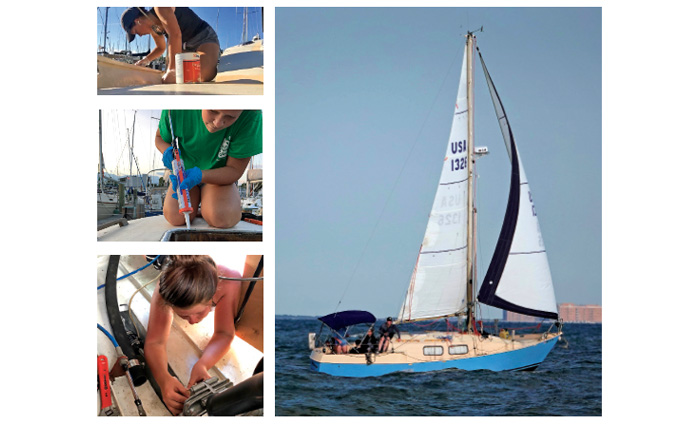 Three photos of a female prepping and painting a boat next to a blue and tan sailboat out at sea.