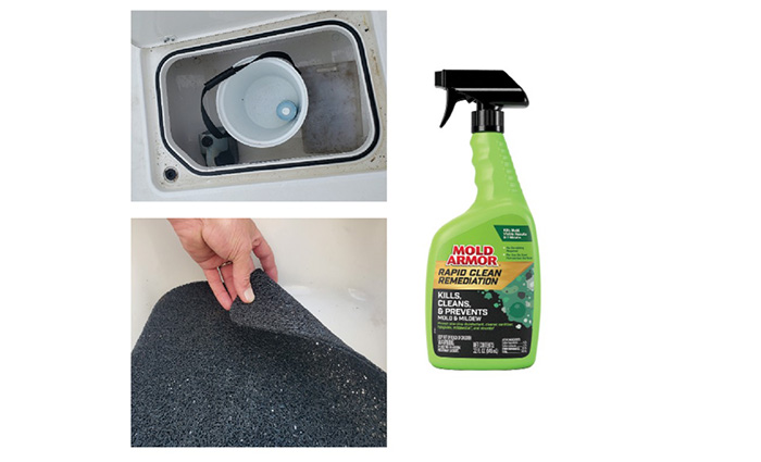 Three photos consisting of mold in a white storage compartment, a hand pulling back a black liner and a green Mold Armor spray.