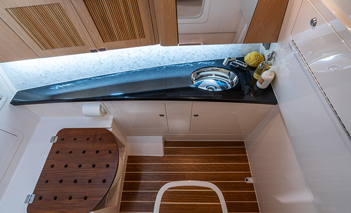 Overhead view of a boat starboard with cabinet space, sink and shower.