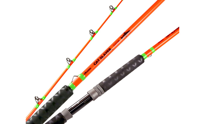 Three orange, neon green and black fishing rods.