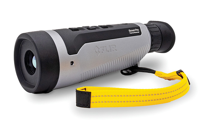 Silver and black monocular with bright yellow strap.