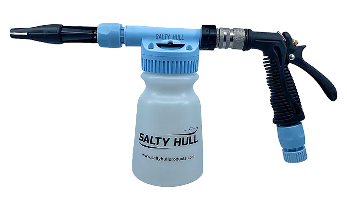 Light blue container with black and blue sprayer attached to the lid.