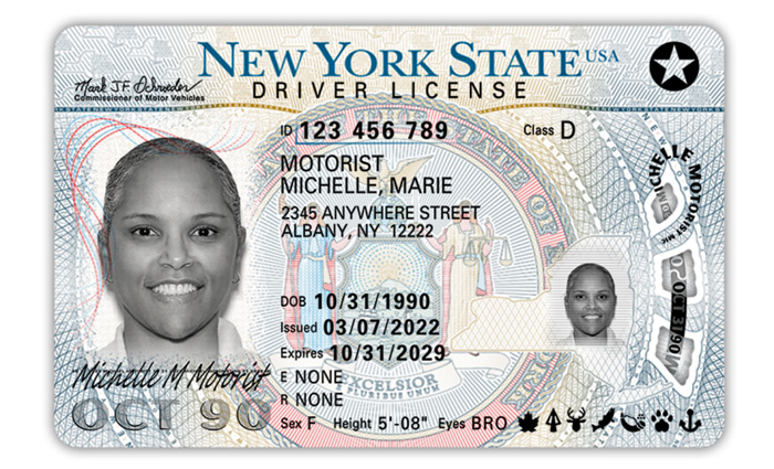 New York State drivers license featuring an African American adult female with short hair.