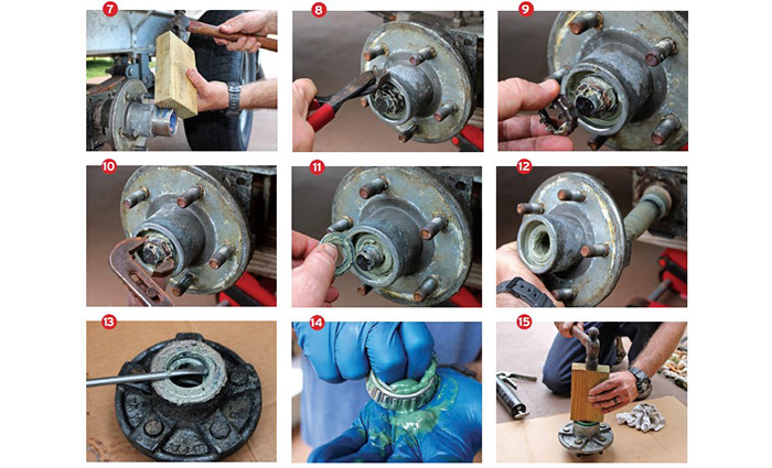 Nine photos indicating steps 7-15 on how to fix a spindle sleeve on a boat trailer.