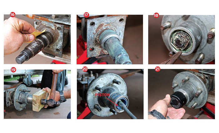 Six photos indicating steps  16-21 on how to fix a spindle sleeve on a boat trailer.
