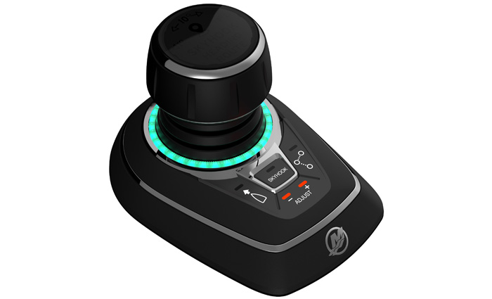 Black and joystick with teal blue ring.