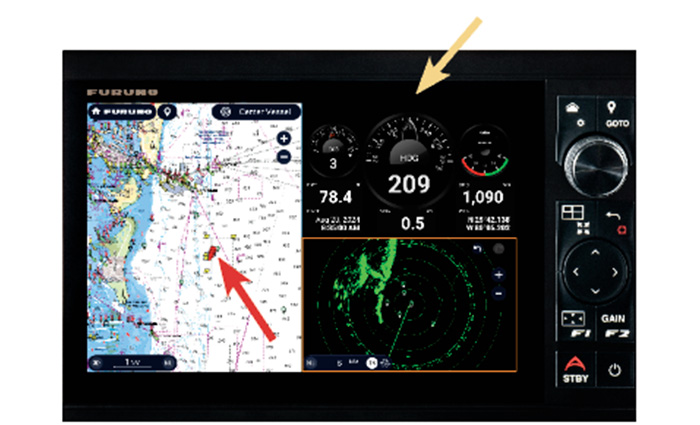 Dashboard displaying compass view pointed out with a yellow arrow and a chart plotter screen pointed out with a red arrow.
