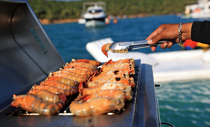 Up-close view of a stainless steel grill with numerous skewers being cooked with water and boats in the background.