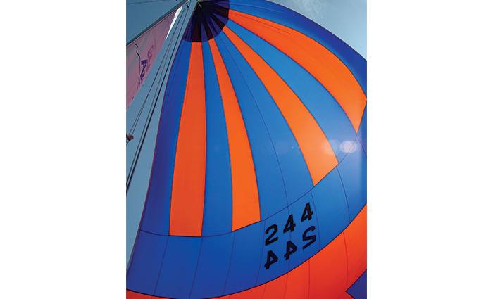 Large blue and red stripped sail.