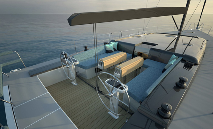 Seating view on the deck of a large white vessel at sunset.