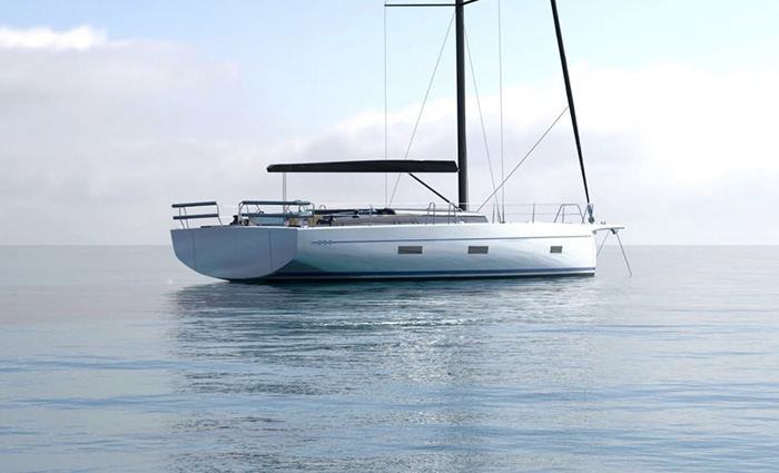 Large White Vessel floating on still waters with large white clouds in the background.