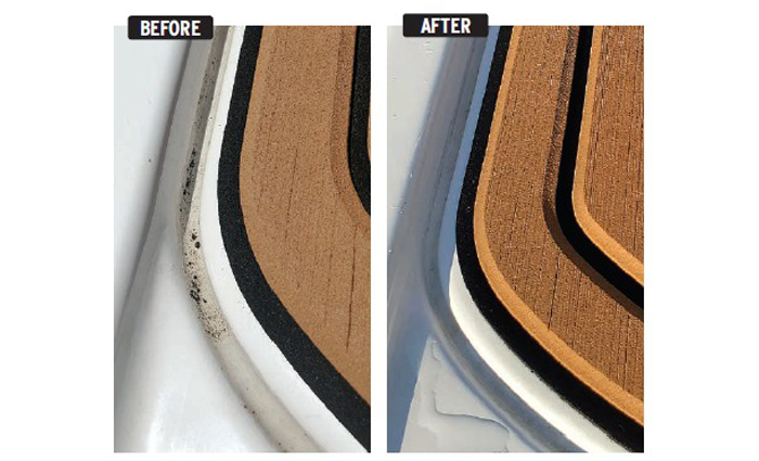 Two side by side photos before and after treating and cleaning caulk in a vessel gunwale.