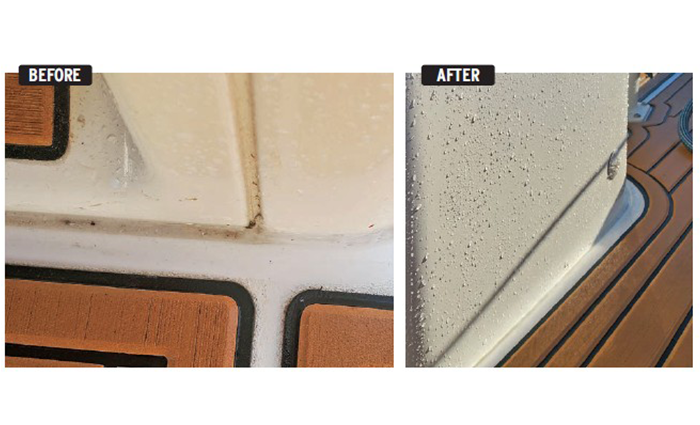 Side by side photos showing a console seam on a vessel before and after cleaning.