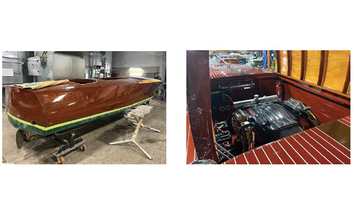 Two side-by-side photos of a brown boat with green trim being refurbished in a warehouse.