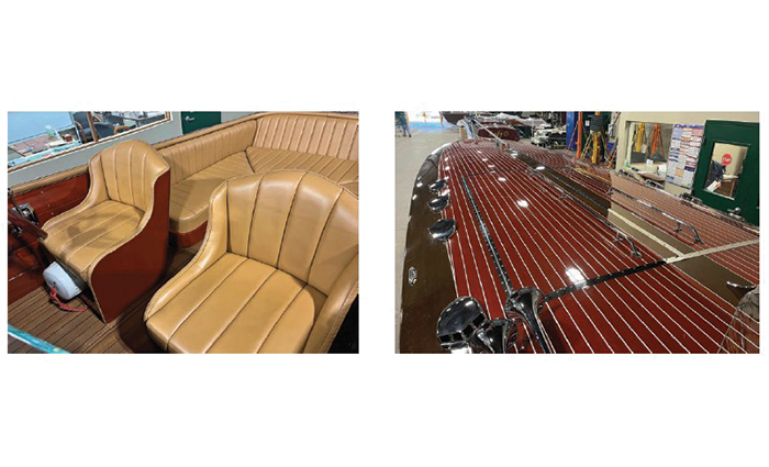 Two side-by-side photos of the interior of a brown boat featuring tan seating in a warehouse.