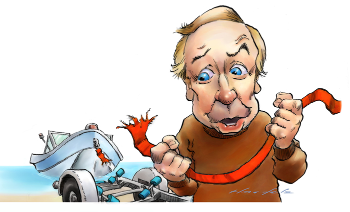 Illustration of a man wearing a brown sweater holding a broken red rope with a boat and trailer in the background.