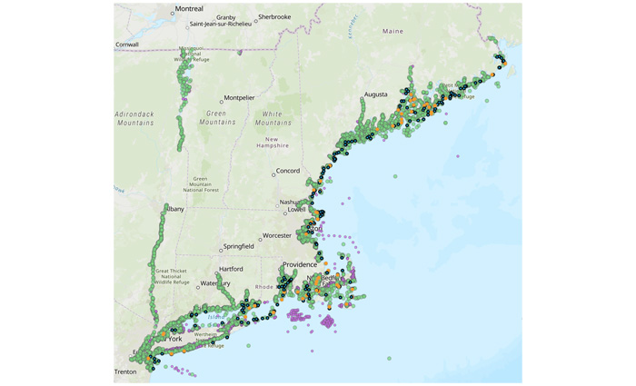 Map showing the coast of Maine and northeast