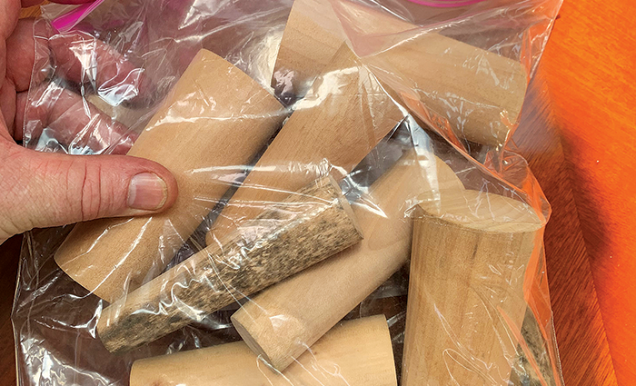 Hand holding a plastic bag of tapered wood plugs.