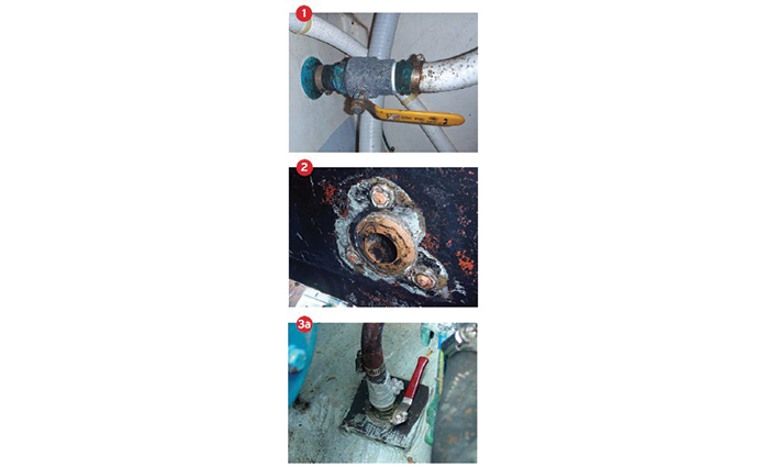 Three images showing various valves and seacocks.