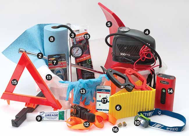 Group photo of colorful boating tools and supplies numbered 1-15.